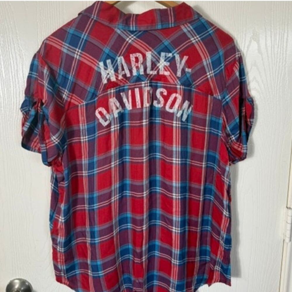 Harley-Davidson red plaid short-sleeve button-up shirt patches embroidered XL - Picture 2 of 7